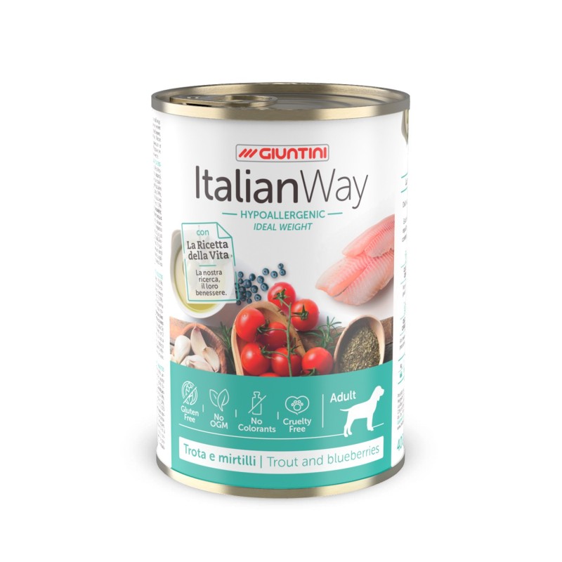 ITALIAN WAY DOG ADULT hypoallergenic ideal weight trota e mirtilli  LATTINA 400g