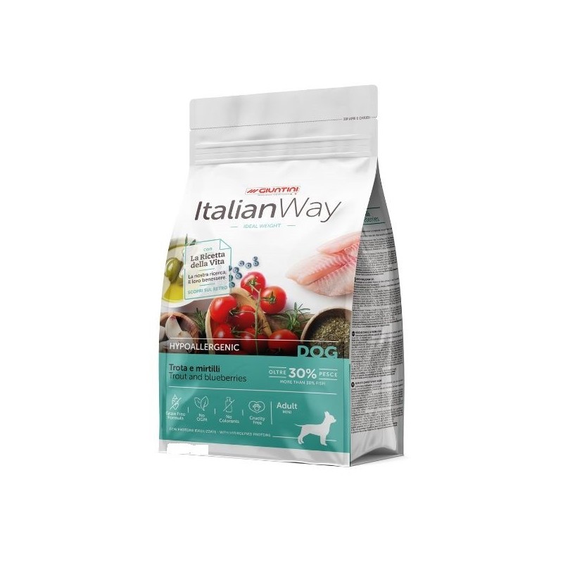 ITALIAN WAY DOG ADULT MINI Hypoallergenic IDEAL WEIGHT TROTA E MIRTILLI  800 GR