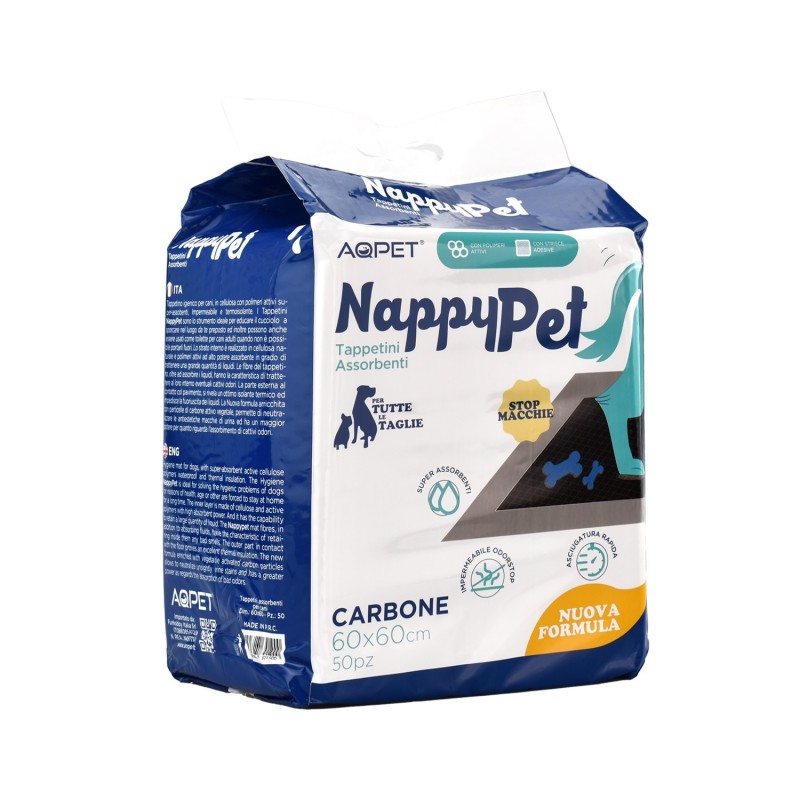 AQPET Nappy Pet Carbo Tappetino Assorbente con Strisce Adesive al Carbone Attivo 60X60CM 50 PZ
